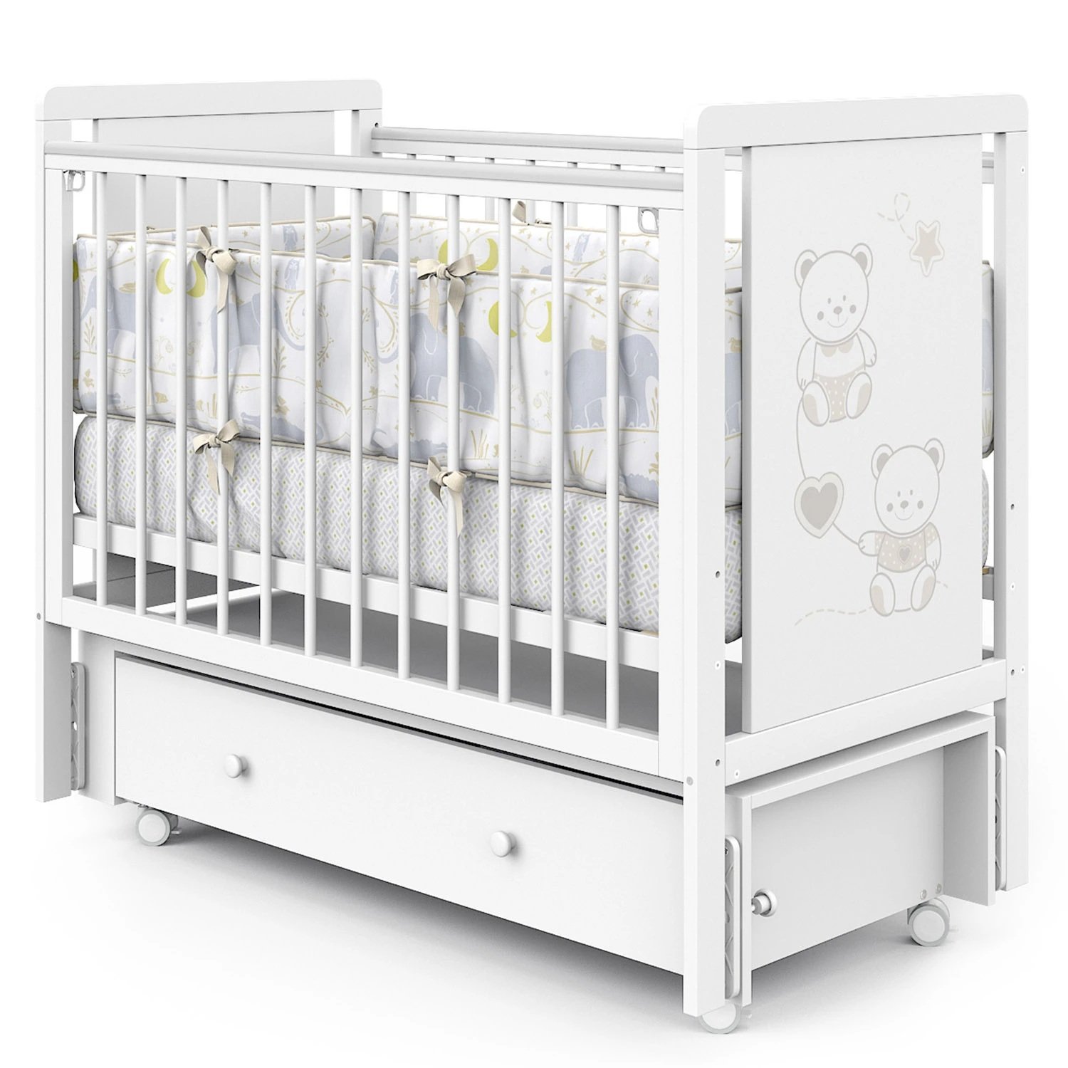 картинка Детская кровать  Indigo Happy Friends маятник на колесах, ящик от Компасик.ру гипермаркет детских колясок и автокресел